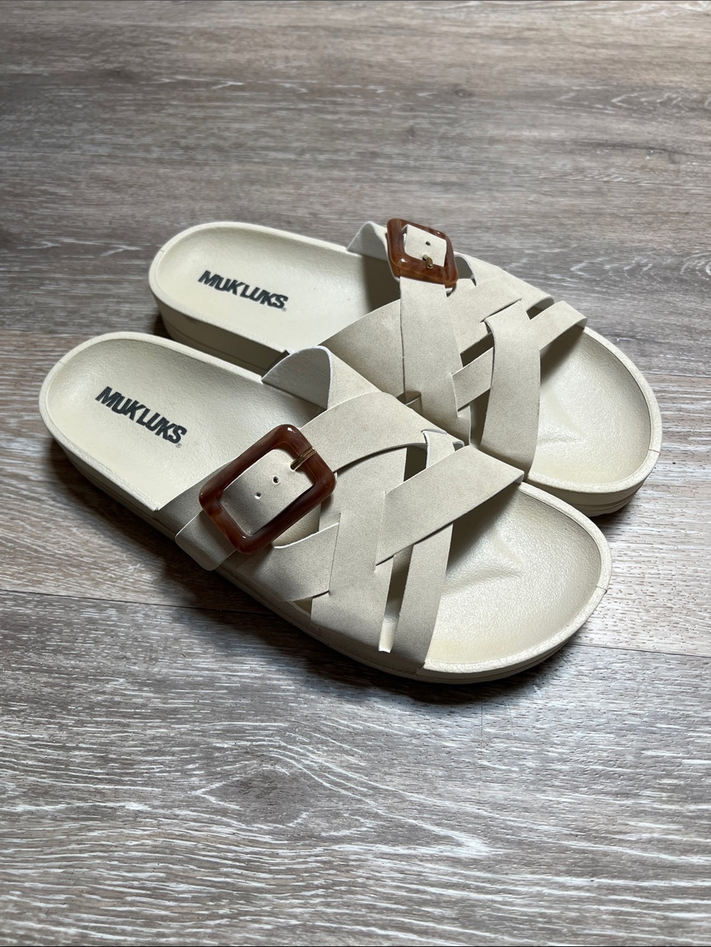 Muk Luks Cream Braided Slide Sandals with Tortoiseshell Buckle Accent